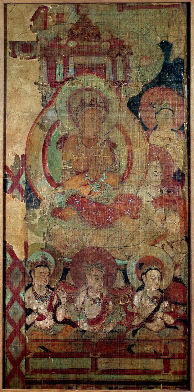 Kinesisk konst: grupp av Boddhisatvas (eller Bodhisatvas). sidenmålning. 1000-talsdynastin Touen Houang, Musee des Arts Asians de Guimet, Paris. av School Chinese
