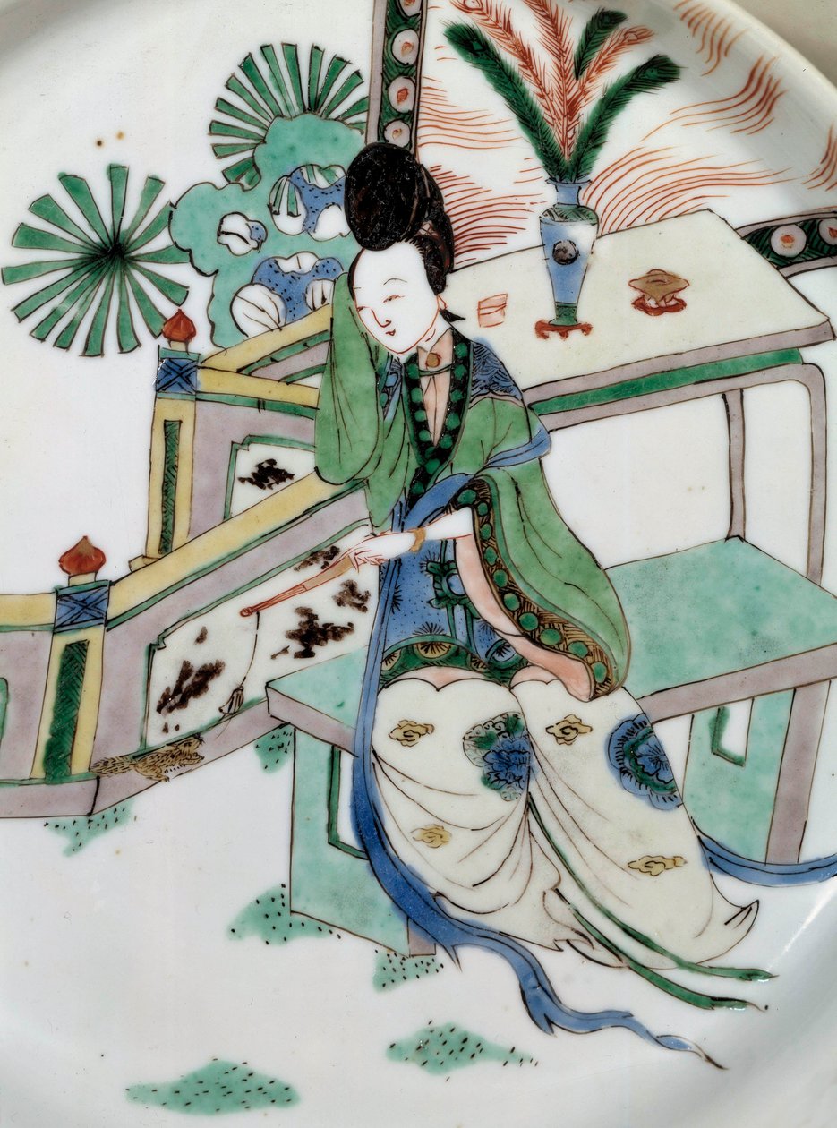 Kinesisk konst: damen rewers på en bänk. Målning på porslin från 1700-talet. Paris, Guimet-museet, Nationalmuseet för asiatisk konst av School Chinese