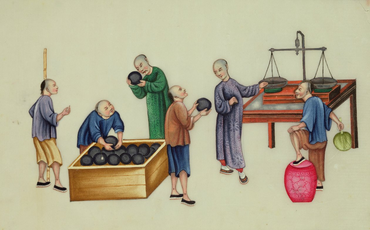 Kinesiska återförsäljare som testar och väger opium, från "The Evils of Opium Smoking" av School Chinese