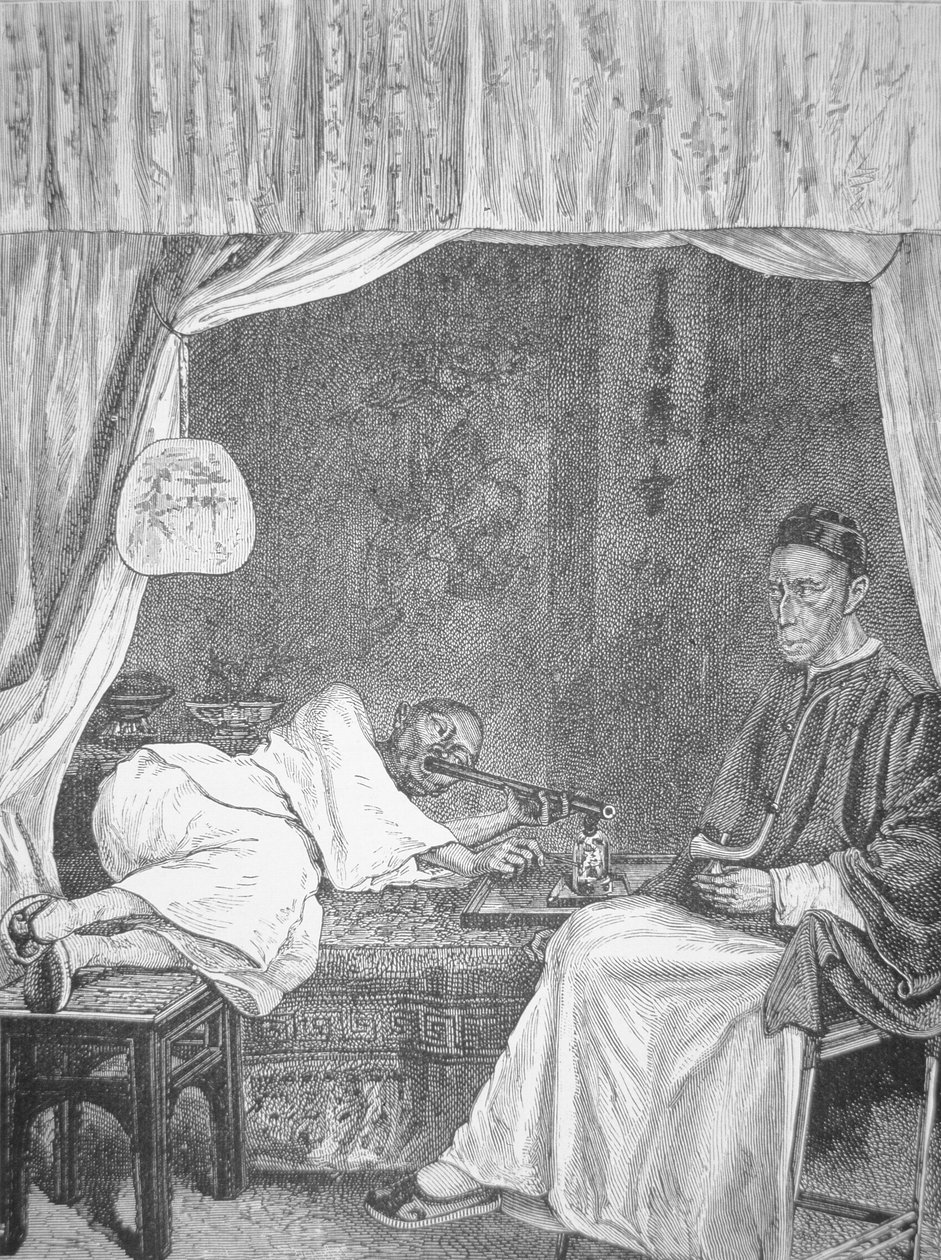Kinesiska opiumrökare, gravyr från 1875 (litho) av School Chinese