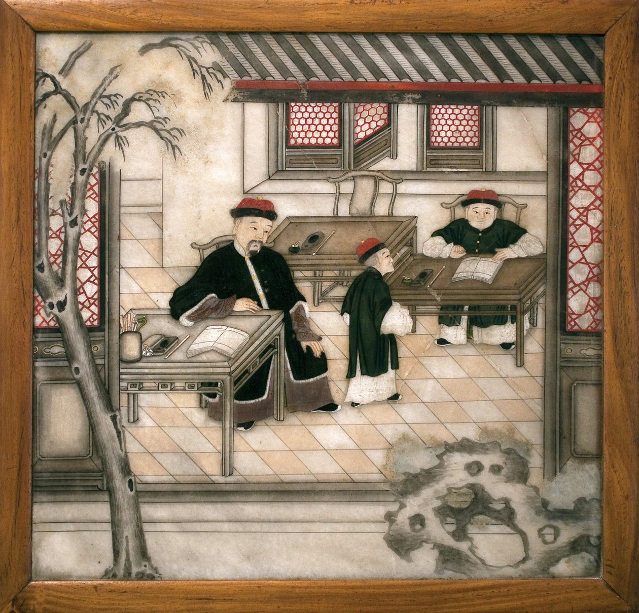 Dekorativ marmorplatta som representerar bokstäver i deras skåp. Målad marmor, Qingdynastin (1644-1911), kinesisk konst. Musee d
