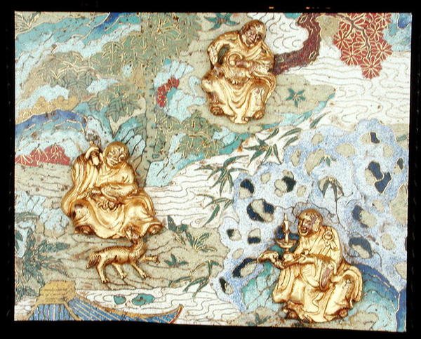 Detalj från ett par plaketter som föreställer buddhistiska figurer i ett landskap, Qianlong-period av School Chinese
