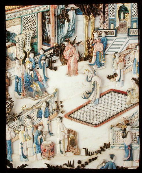 Detalj från en panel som visar en dignitär som tittar på en kvinnlig dansare, Qianlong period av School Chinese