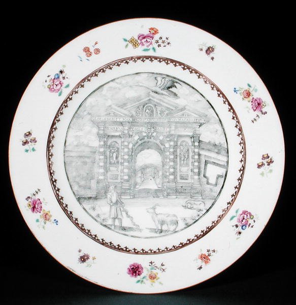 Middagstallrik dekorerad en grisaille med Rose Famille emaljer föreställande Jacob Bobart (1599-1680) med en get och en hund, Qianlong period (1736-95) (porslin) av School Chinese