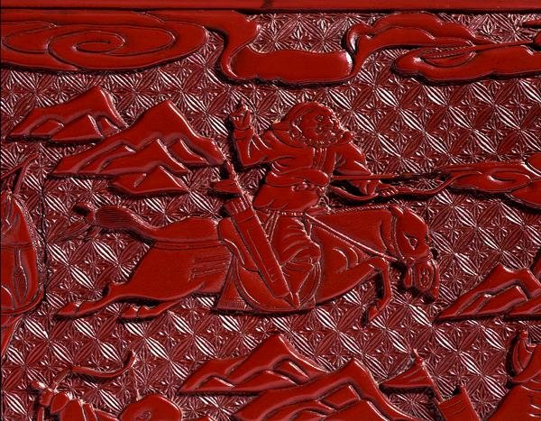 Dokumentlåda och omslag, föreställande en bågskytt, Mingdynastin (snickrad röd lack) (detalj) (se 142706-7) av School Chinese