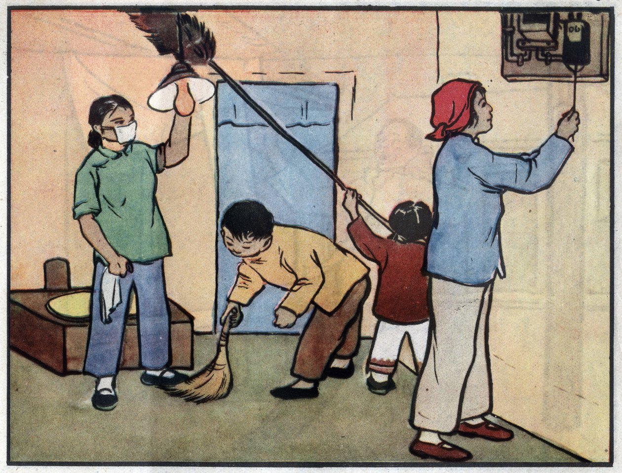 Teckning med en familj som underhåller interiören i sitt hus. Illustration, i "Hur man använder el på ett säkert sätt", Kina av School Chinese