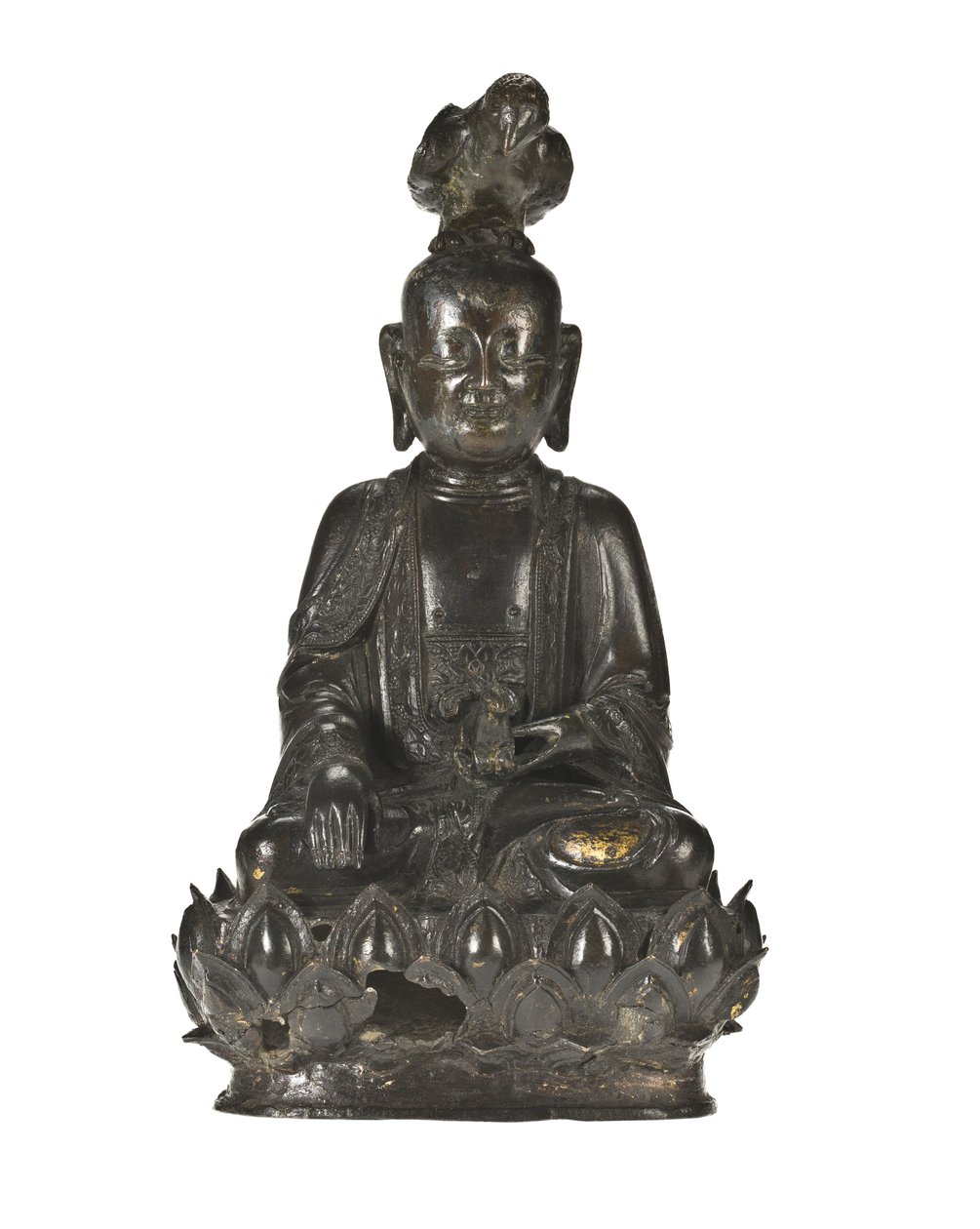 Figur av Guanyin, den kinesiska barmhärtighetsgudinnan sittande på en lotusdesignbas med en korp uppflugen på huvudet och en kanin vilande i hennes vänstra hand av School Chinese