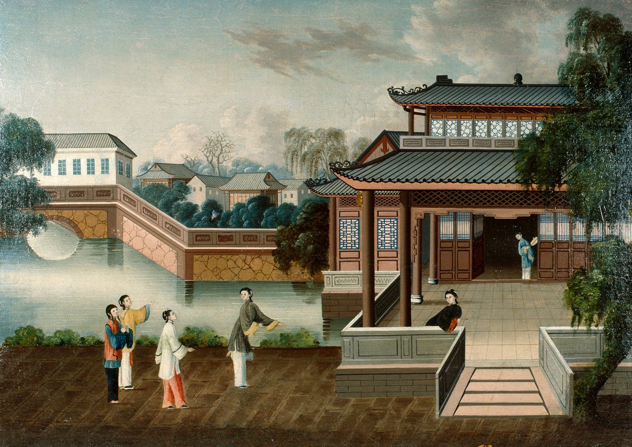 Figurer som närmar sig en herrgård vid floden, ca 1800 (olja på duk) av School Chinese