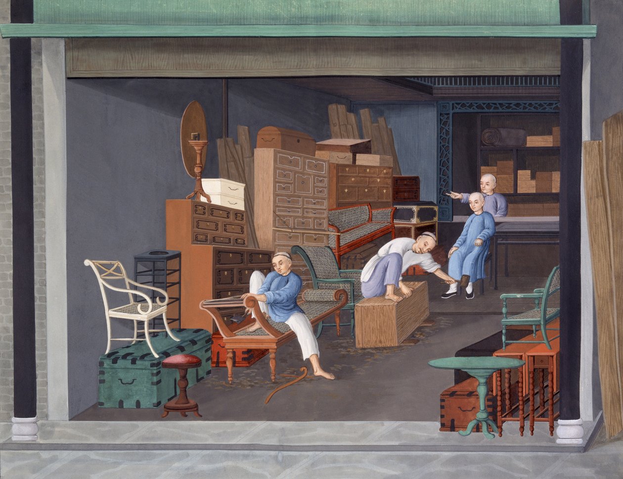 Tillverkning av europeiska snickerier, ca 1825 (gouache på papper) av School Chinese