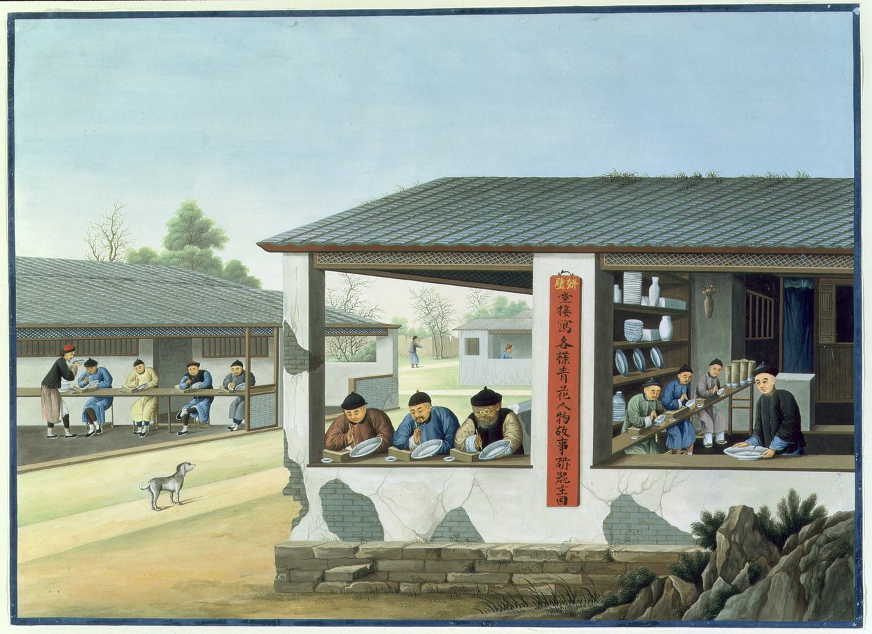 Porslinstillverkning, dekorering i blått (gouache och akvarell på papper) av School Chinese