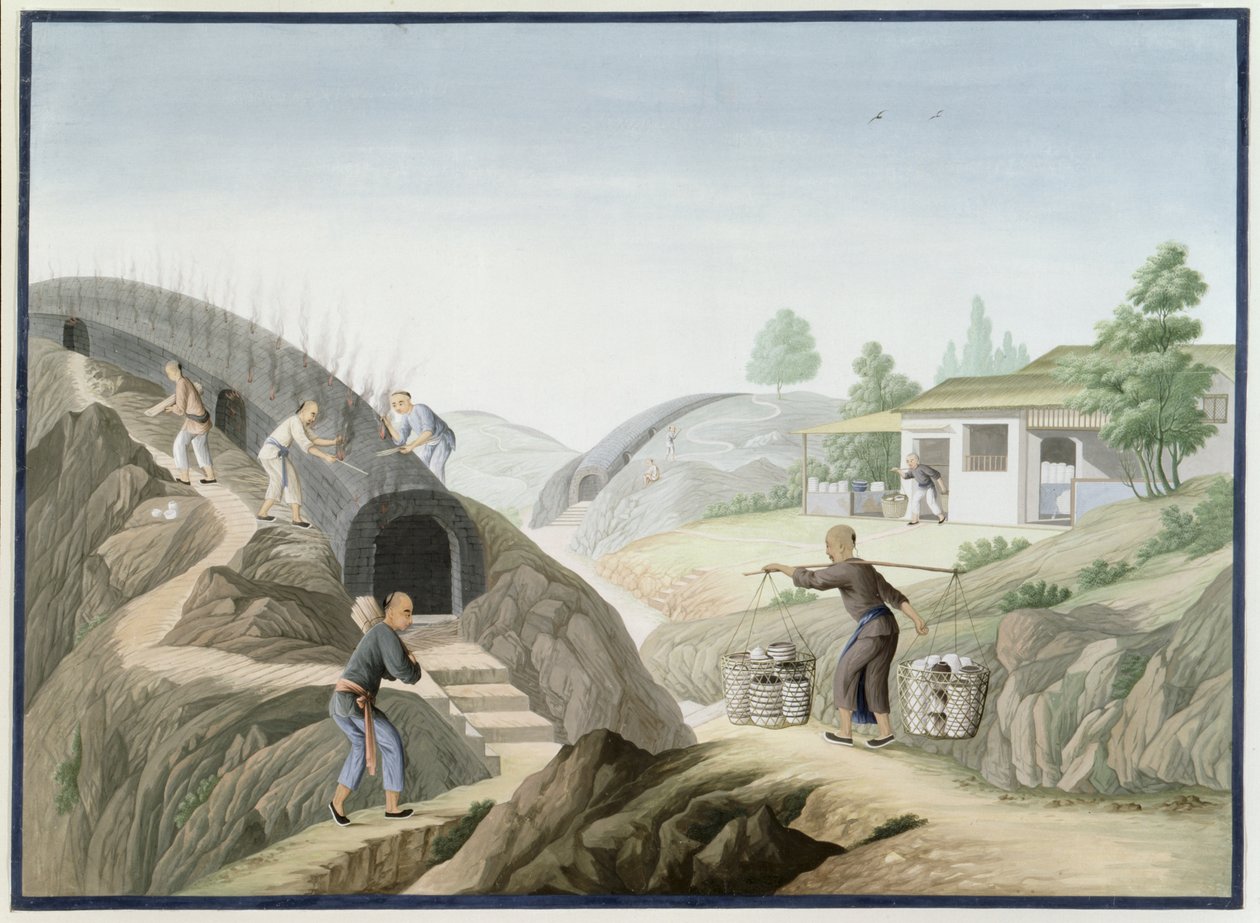 Tillverkning av porslin: Firing the Dragon Kiln (akvarell och gouache på papper) av School Chinese