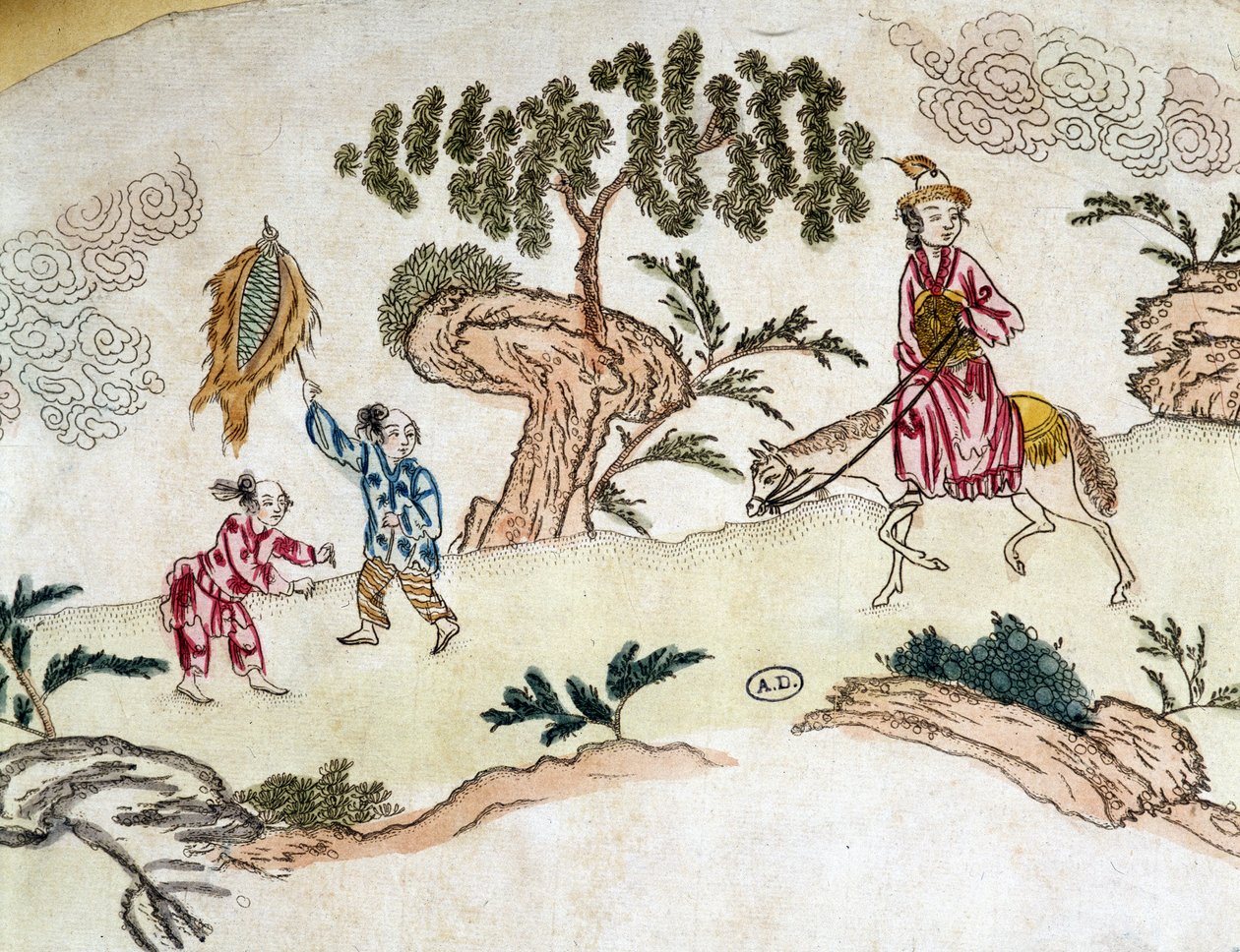 Adlig kvinna till häst och barn som leker drake - kinesiskt tryck, cirka 1800 av School Chinese