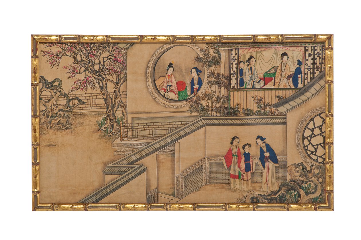 En av 24 scener från Dream of the Red Chamber (bläck & färger på siden i förgyllt träram av falsk bambu) av School Chinese