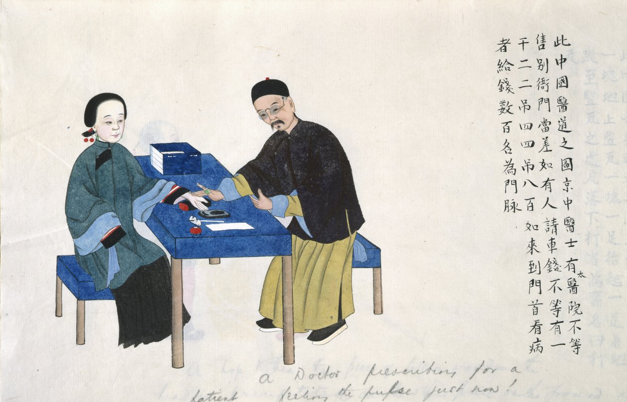 Eller 11539 fol.89v Tar en puls, från ett album med scener av livet i Kina (akvarell på papper) av School Chinese