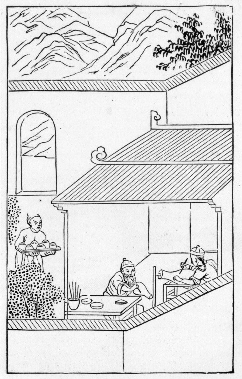 Måla blå blommor på vaser, från en serie illustrationer om tillverkning av porslin (litho) (se 384116 & 384117 för hela serien) av School Chinese