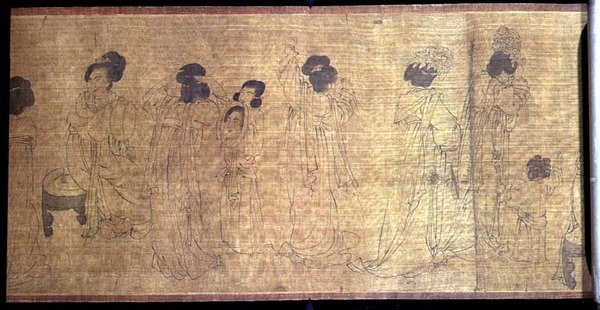 Palace Ladies at Leisure Handscroll, detalj av damer som förbereder sig för att gå ut, efter ett original av Wen-chu Chou (fl.970) Southern Sung period, c.1140 (bläck och pigment på siden) (se även 114250) av School Chinese