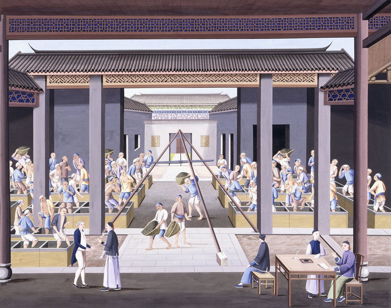 Pounding the Tea, c.1800 (gouacheteckningar på tungt inhemskt papper) av School Chinese