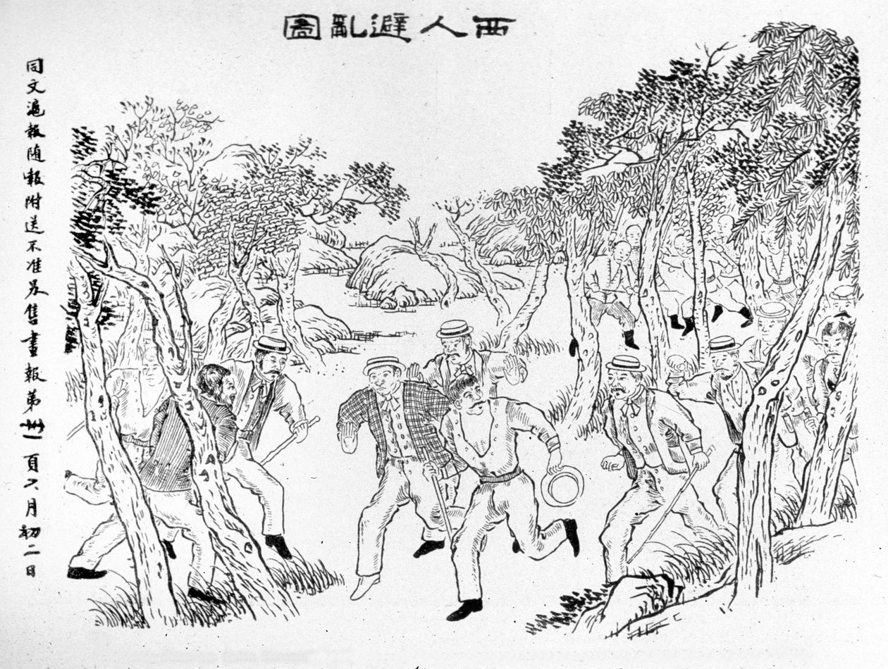 Boxer Rebellion: Européer som slåss mot boxarna. Illustration publicerad på Shanghai Journal Toung-Ouen-Hou-Pao.1899 ca. av School Chinese