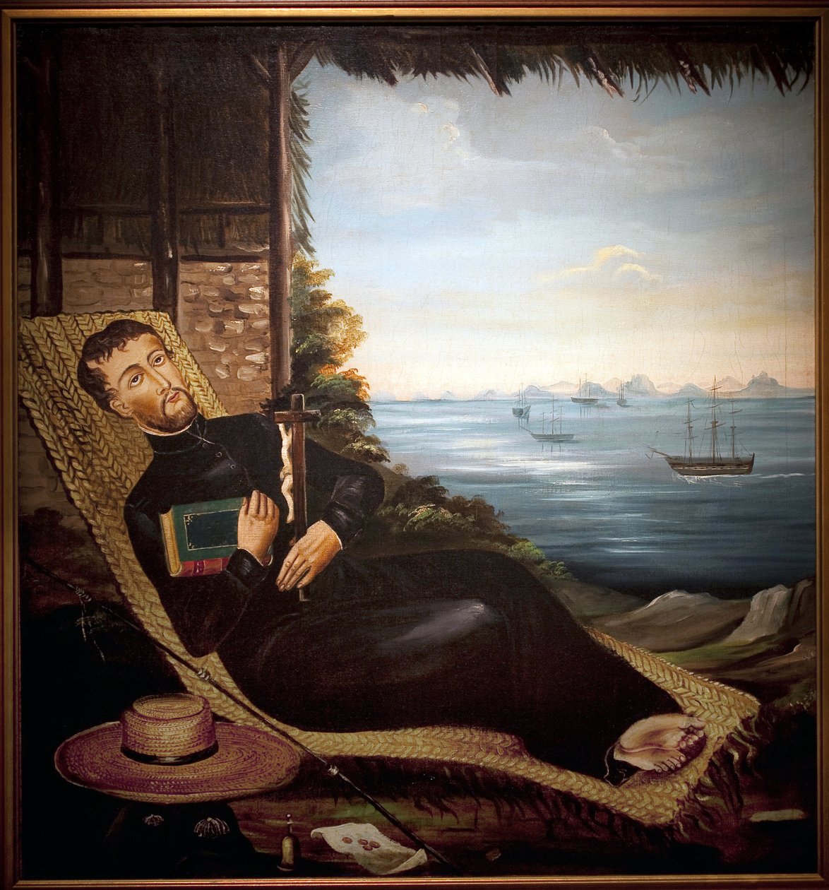 Saint Francois Xavier vilar framför bukten i Hongkong (Kina). Målning av verkstaden i Hong Kong, olja på duk, cirka 1850. Port Louis Museum. av School Chinese