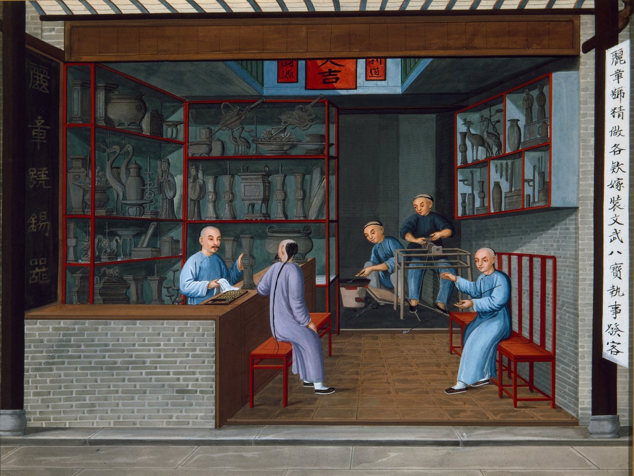 Säljer Tuttenage Metalwares, ca 1825 (gouache på papper) av School Chinese