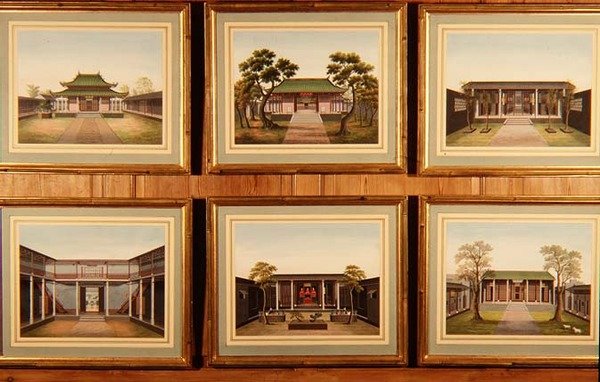 Uppsättning av sex kinesiska paviljonger och gårdsscener, ca 1780 (akvarell) av School Chinese