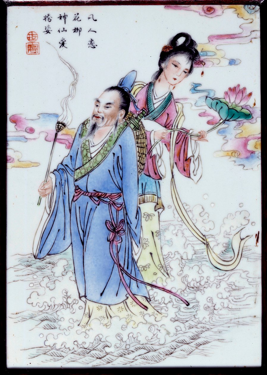 Summer Allegory En kvinna som håller en liljablomma och en man som håller i en rökelsering går genom sprayen. Målning på anonymt porslin. 1700-tals privatsamling av School Chinese