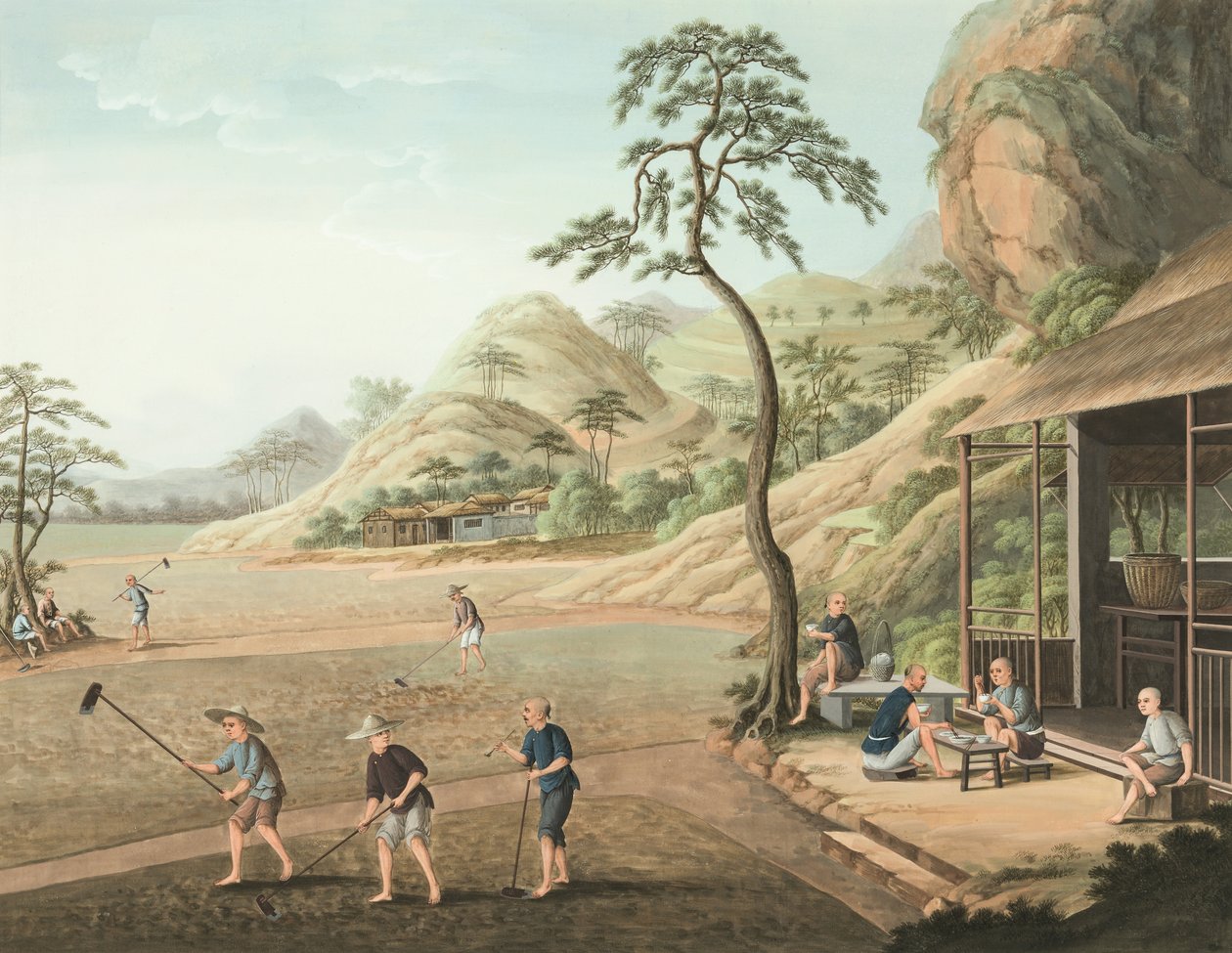 Teproduktion, ca 1820 (kroppsfärg och guldfärg på siden, nedlagd på papper) av School Chinese