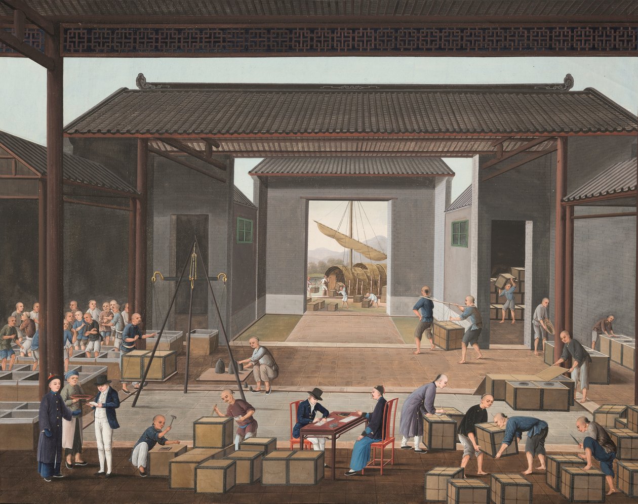 Teproduktion, ca 1820 (kroppsfärg och guldfärg på siden, nedlagd på papper) av School Chinese