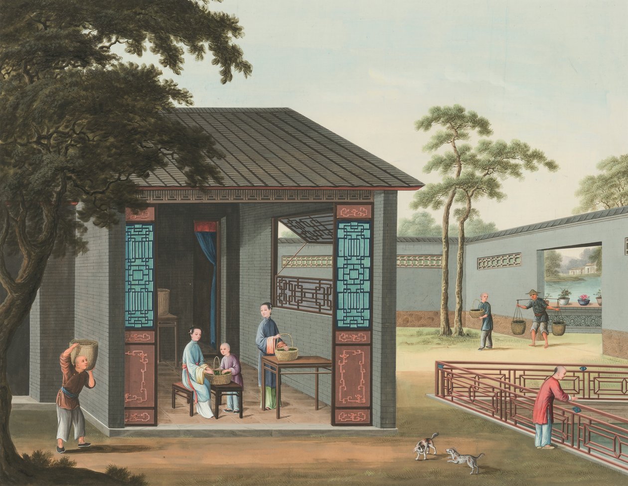 Teproduktion, ca 1820 (kroppsfärg och guldfärg på siden, nedlagd på papper) av School Chinese