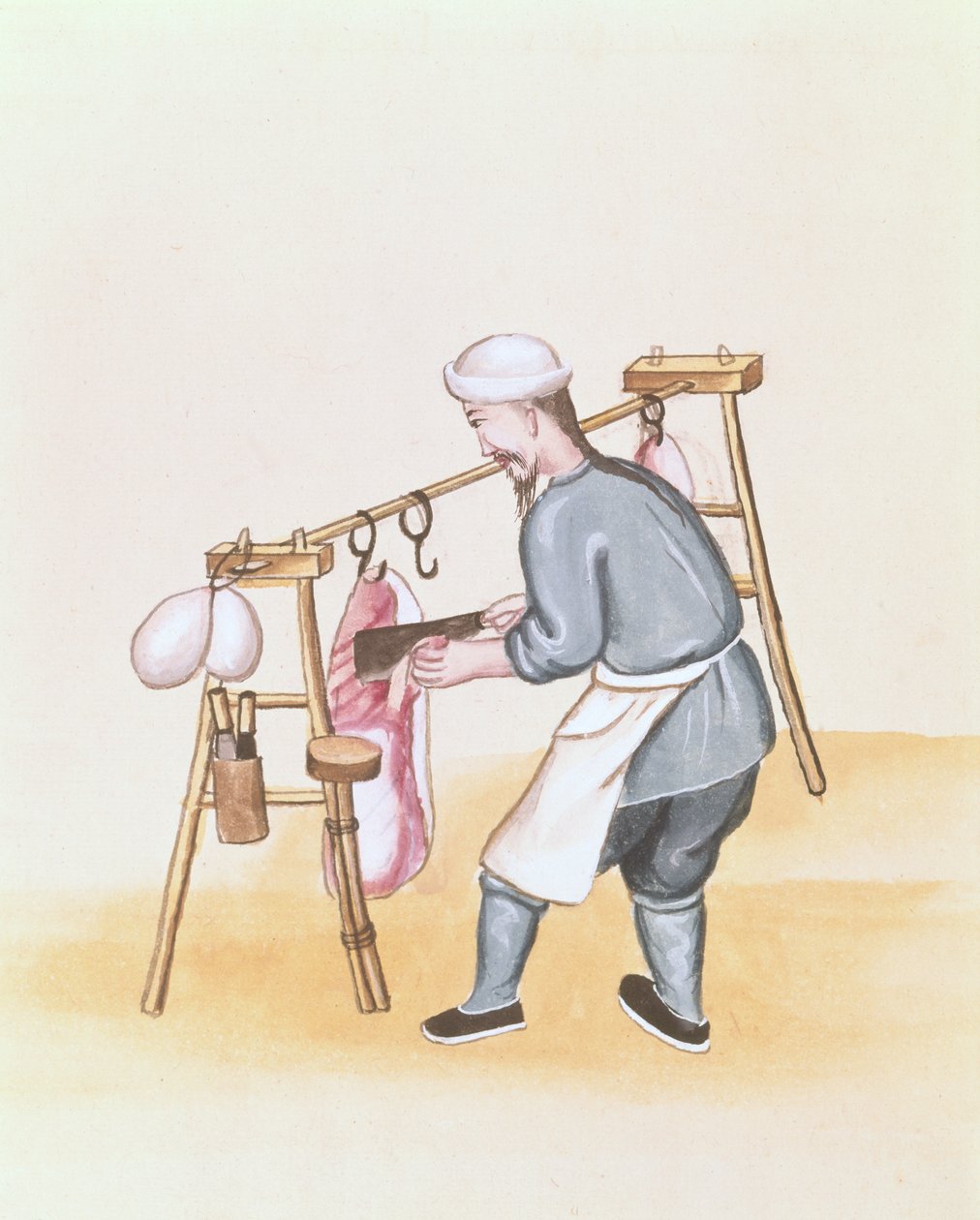 Köttsäljaren, från en bok om Pekings gatan, ca 1785 (akvarell och gouache på papper) av School Chinese