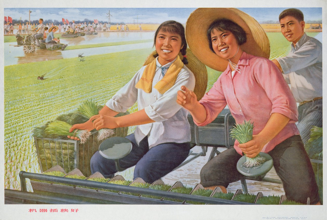 Att transplantera plantor med en maskin är bra, propagandaaffisch från den kinesiska kulturrevolutionen av School Chinese
