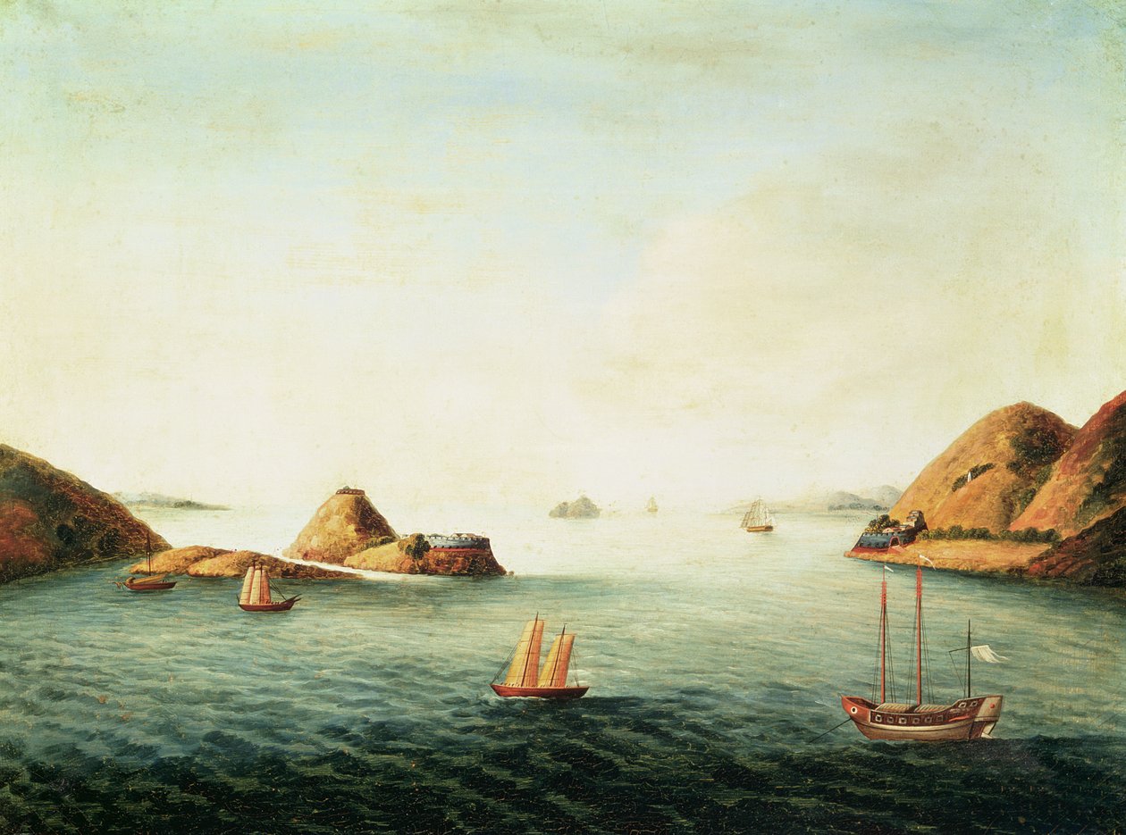 Vy över Boca Tigris vid Pearl River, ca 1830 (olja på duk) av School Chinese