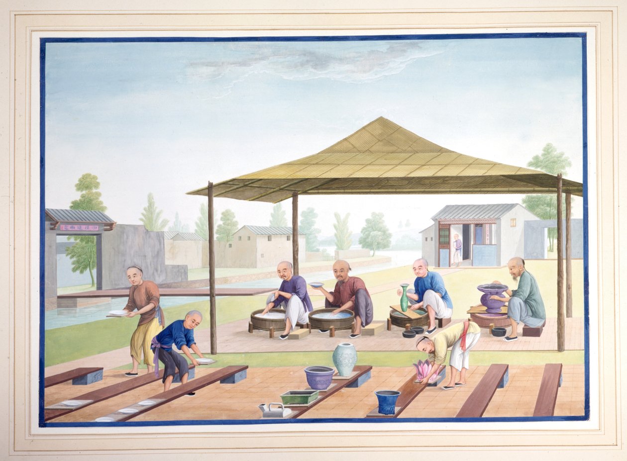 Arbetare som applicerar glasyrerna, ca 1825 (gouache på papper) av School Chinese