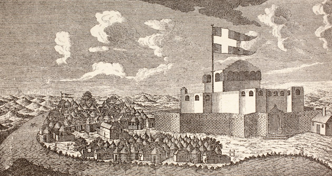 Danska kolonialfortet Fredensborg, Ningo, Ghana som det såg ut 1760, ur "Afrika, dets Opdagelse, Erobring og Kolonisation", publicerad 1901 i Köpenhamn (litografi) av School Danish