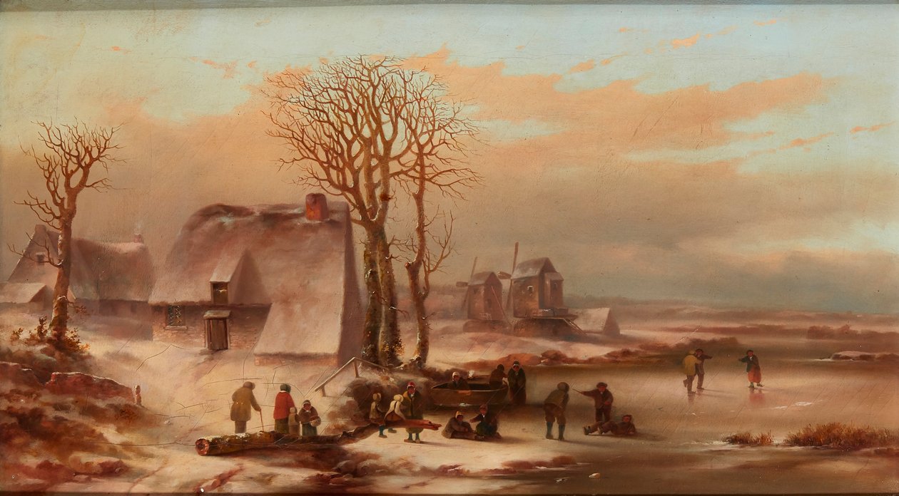Ett vinterlandskap med figurer på en frusen sjö (olja på duk) av School Dutch