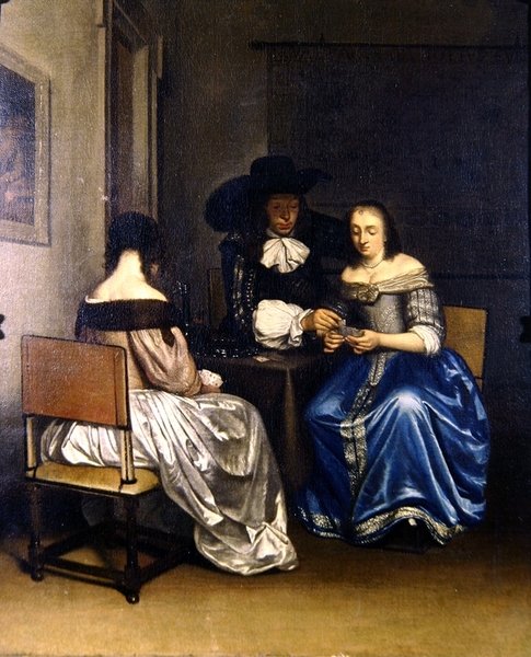 Interiörscen med kortspelare (olja på duk) av School Dutch