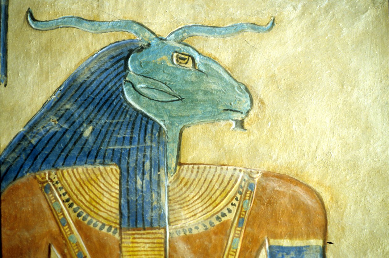 Forntida Egypten, Ristning/Målning, Underjordens gud med Ram-huvud, Amon hir Khopshet-graven, Thebe, 20:e dyn (foto) av School Egyptian