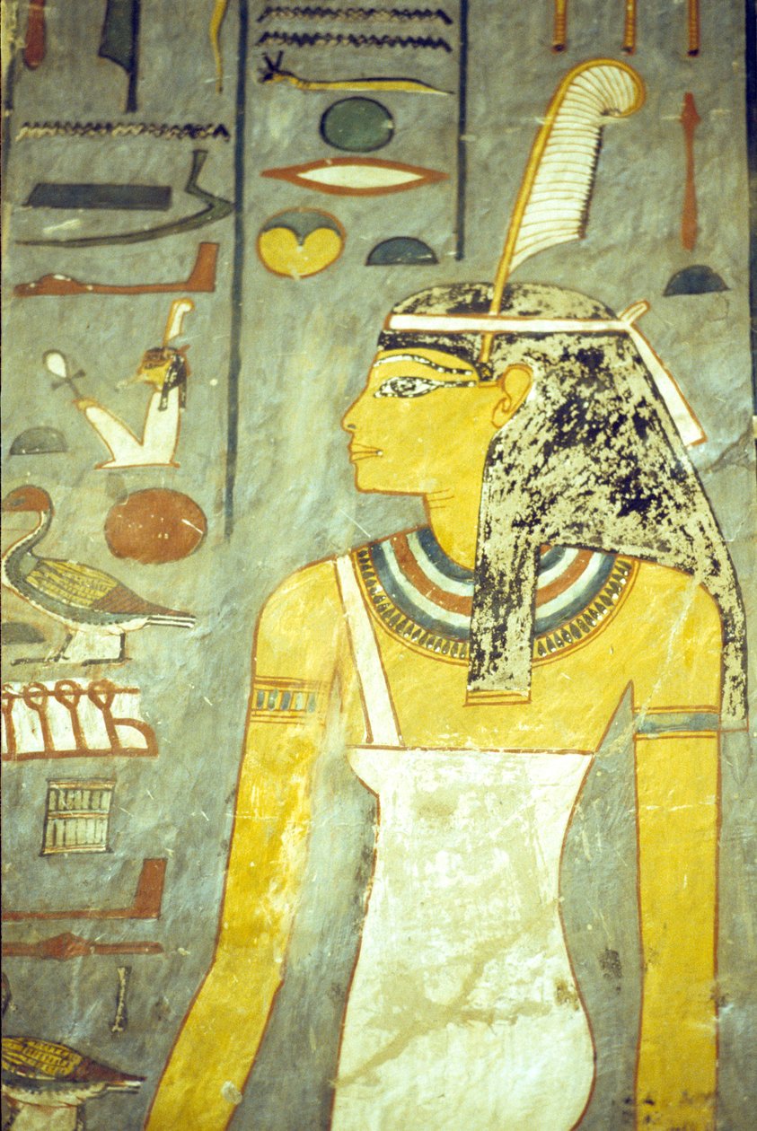 Forntida Egypten, Ristning/Målning, Ramses I:s grav, Thebe, Gudinnan Maat, sanningens och rättvisans gudinna, med strutsfjäder (foto) av School Egyptian