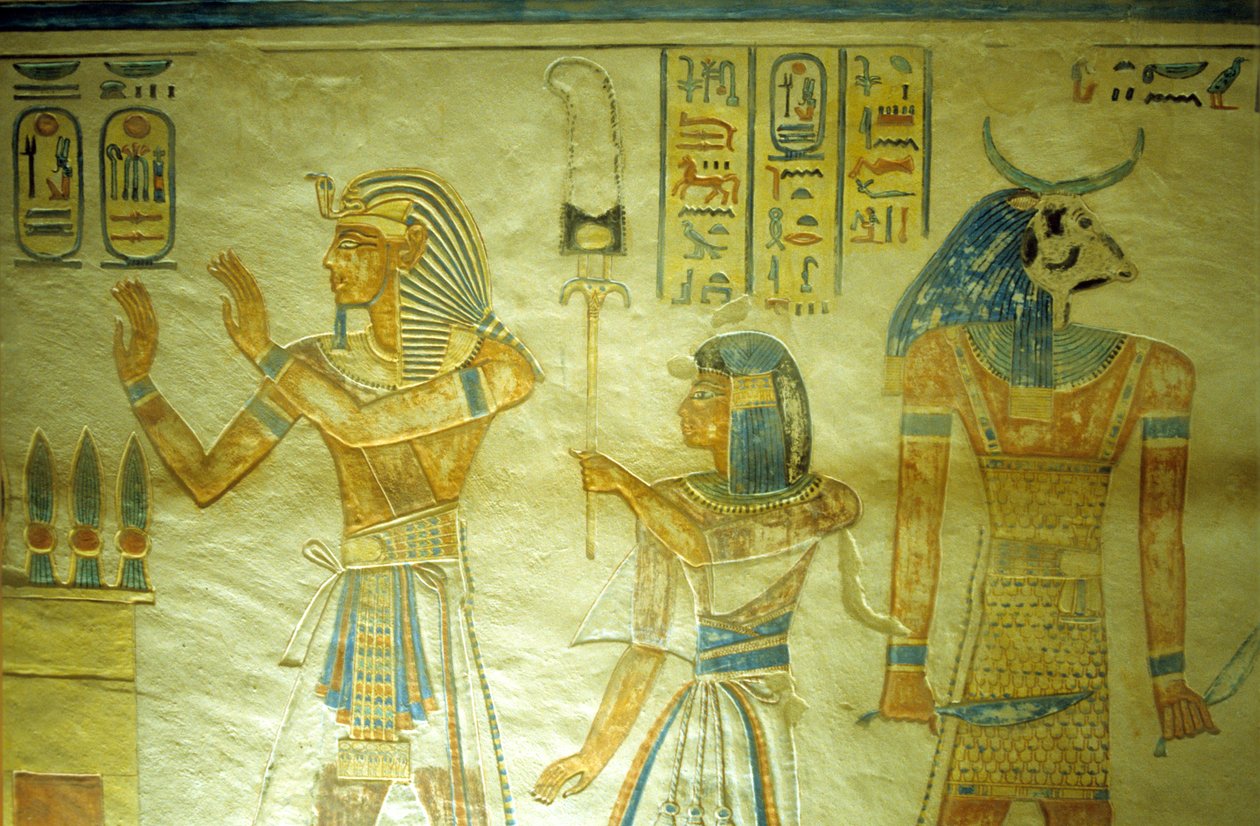 Forntida Egypten, Målning/snideri, Amon-Hir Khopshef-graven, Ramses III med sin son Amon-Hir bärande en standar av School Egyptian