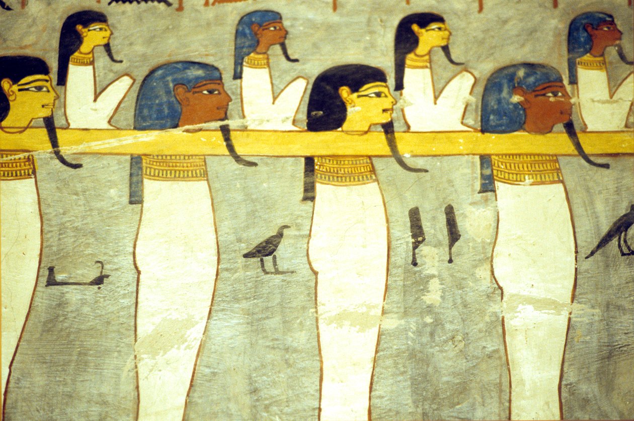 Forntida Egypten, målning, underjordens gudar tjudrade till Hathor, gudomlig ko, bogserar solbarken, Ramses I:s grav, Thebe av School Egyptian