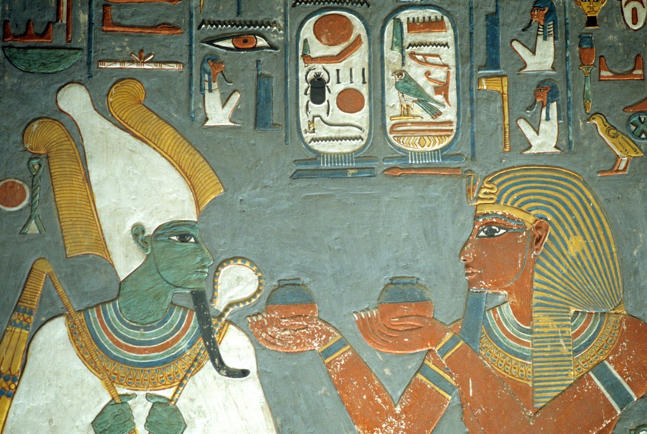 Forntida Egypten, Målning, Horemheb erbjuder salvor till Osiris, Horemhebs grav, Thebe av School Egyptian