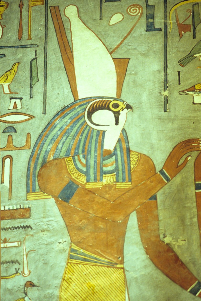 Forntida Egypten, målning, Horus, falkhuvad gud, kungarnas gud, Ramses I:s grav, Thebe av School Egyptian