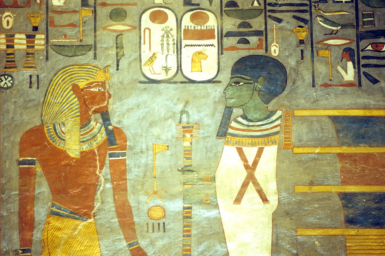 Forntida Egypten, Målning, Ramses I inför Ptah, bakom vilken en djedpelare står, Ramses I:s grav, Thebe av School Egyptian