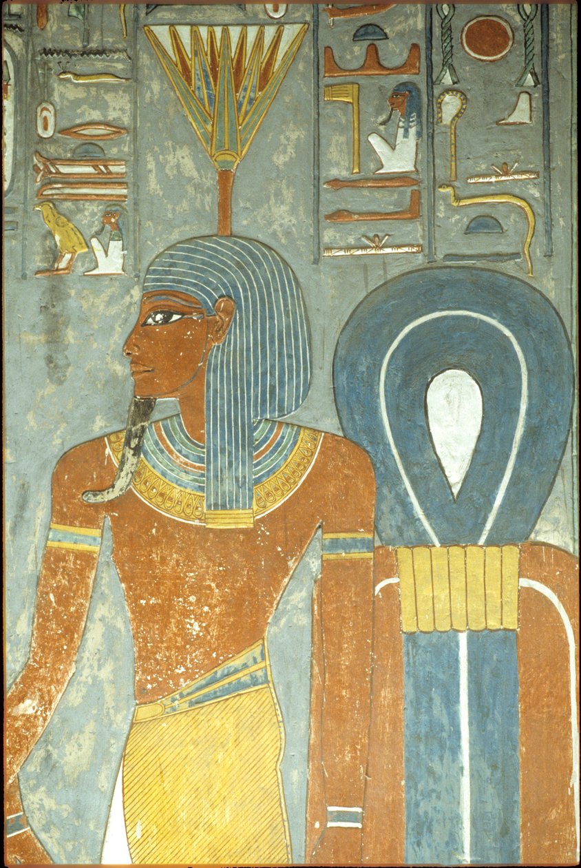 Forntida Egypten, Målning, Horemhebs grav, Thebes 18:e dynastin, Guden Nefertum och Isis knut, Nefertum eller Nefertem med en huvudbonad av näckros eller lotus (foto) av School Egyptian