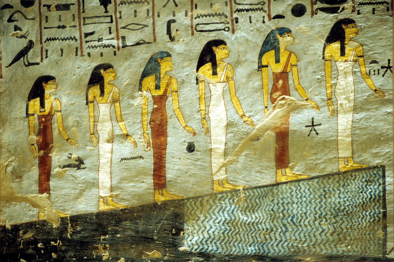 Forntida Egypten, Målning, Ramses I:s grav, Thebe, Sex gudinnor som representerar nattens sex första timmar, stiger upp för ett berg under vilket det finns en damm av School Egyptian