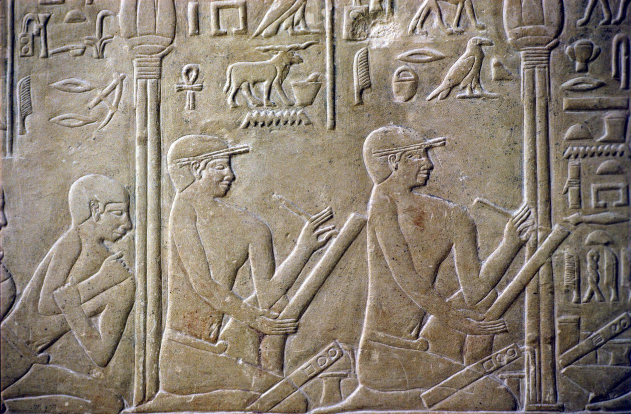 Forntida Egypten, Relief/snideri, Merereukas grav, Merereukas mastaba, 6:e dynastin, Saqqara, Byäldste tvingas erkänna sina felaktiga skattedeklarationer för tjänstemän (foto) av School Egyptian