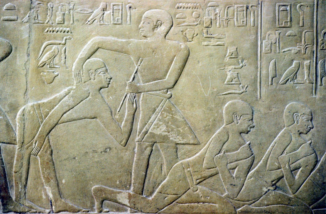 Forntida Egypten, Relief, Byäldste tvingades erkänna sina felaktiga skattedeklarationer till tjänstemän, Merereukas grav, 6: e Dyn (foto) av School Egyptian
