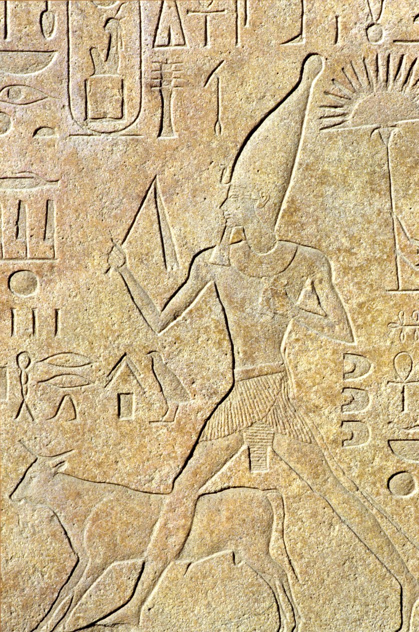 Forntida Egypten, Väggristning, Karnak/Luxor, Hatshepsut springer på tjuren, Heb-sed-festivalen av School Egyptian