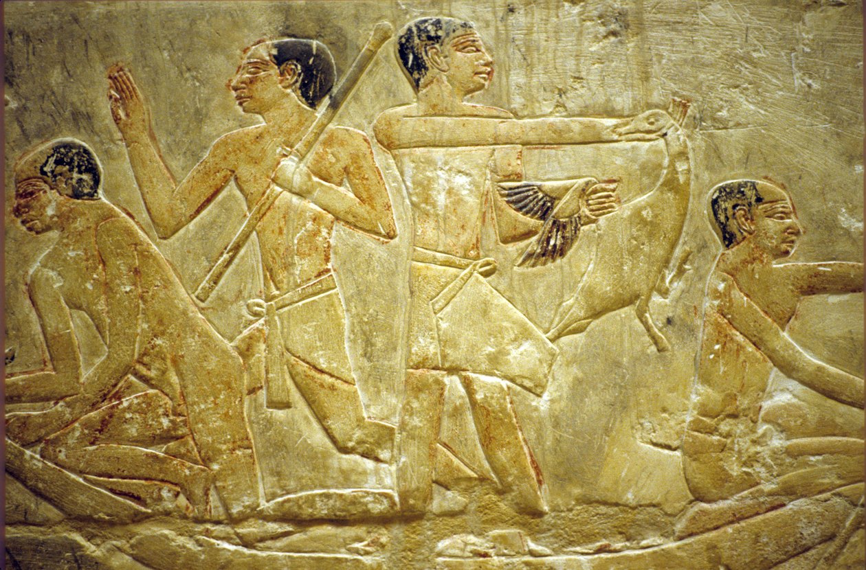 Forntida Egypten, Väggristning/-målning, Mastaba/Tomb of Idout, Sakkara/Saqqara, Fångst av fåglar i träsket, 6:e dynastin (foto) av School Egyptian