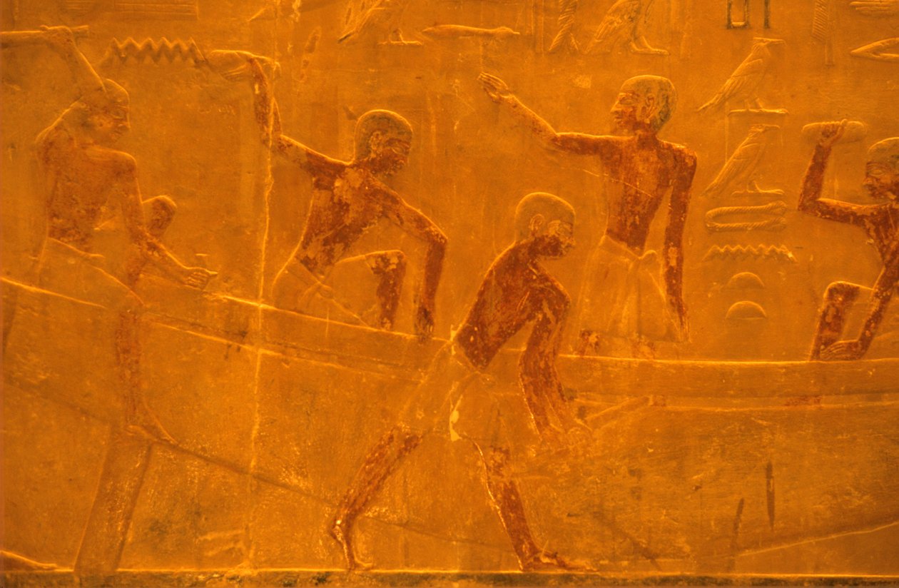 Forntida Egypten, Väggristning/-målning, Mastaba/Tomb of Ti, Saqqara, 5:e dynastin, Skeppsbyggnad (foto) av School Egyptian